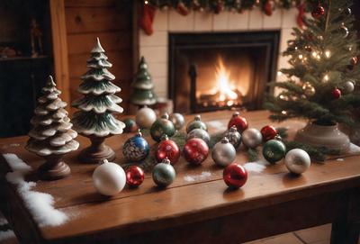 The primary subject of the image is a wooden table with a variety of Christmas ornaments and decorations. The table is adorned with a total of 14 ornaments, including a mix of red, white, and green colors. The setting is a cozy, festive environment, likely inside a home during the holiday season. The visual style of the image is a close-up of the table, showcasing the ornaments and their details. The colors and mood of the image are warm, inviting, and